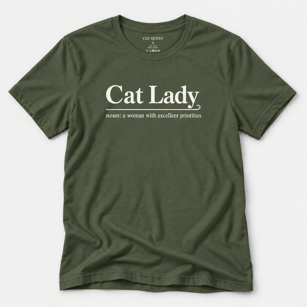 Cat Lady T-Shirt in Military Green with Cat Lady dictionary-style design.