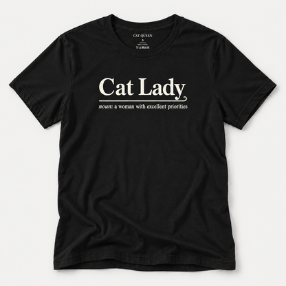 Cat Lady T-Shirt in Black with Cat Lady dictionary-style design.