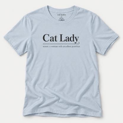 Cat Lady T-Shirt in Light Blue with Cat Lady dictionary-style design.