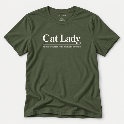 Cat Lady T-Shirt in Military Green with Cat Lady dictionary-style design.