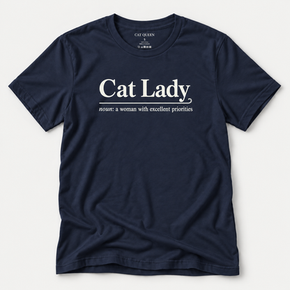 Cat Lady T-Shirt in Navy with Cat Lady dictionary-style design.
