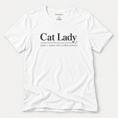 Cat Lady T-Shirt in White with Cat Lady dictionary-style design.