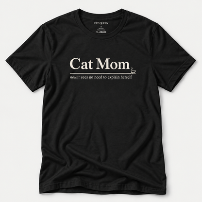Cat Mom T-Shirt in Black with Cat Mom dictionary-style design.
