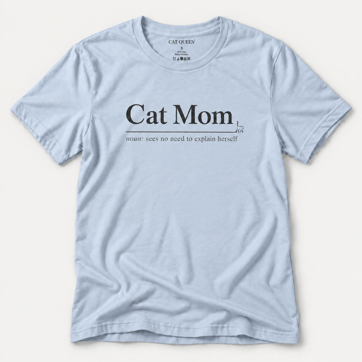 Cat Mom T-Shirt in Light Blue with Cat Mom dictionary-style design.