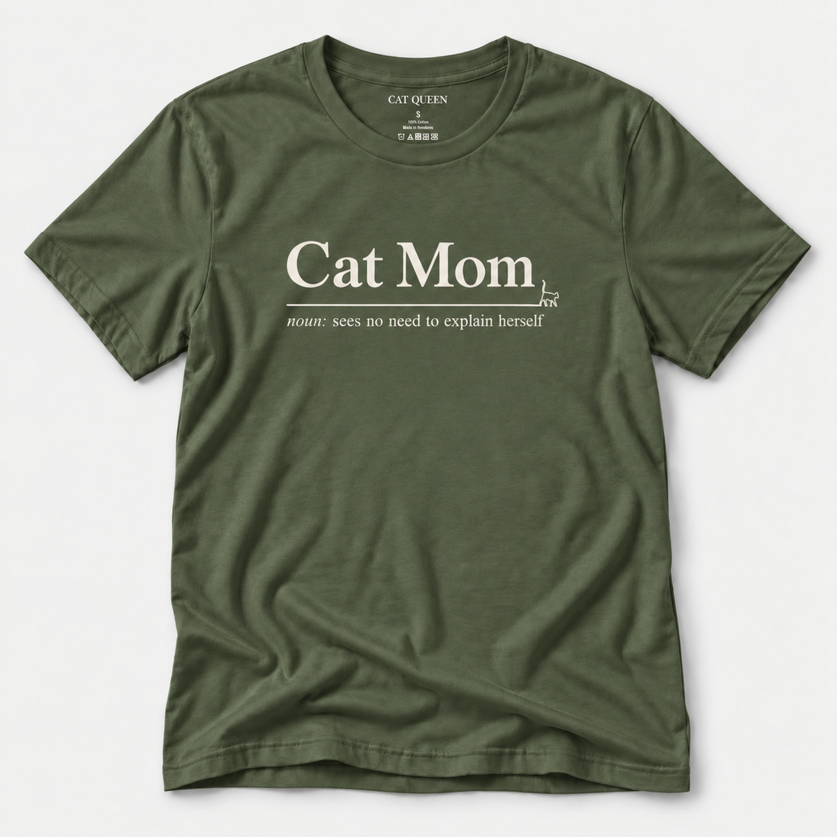 Cat Mom T-Shirt in Military Green with Cat Mom dictionary-style design.