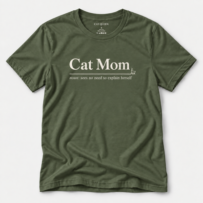 Cat Mom T-Shirt in Military Green with Cat Mom dictionary-style design.