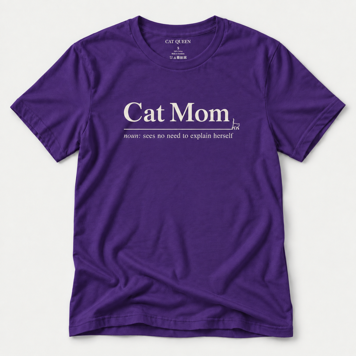 Cat Mom T-Shirt in Team Purple with Cat Mom dictionary-style design.