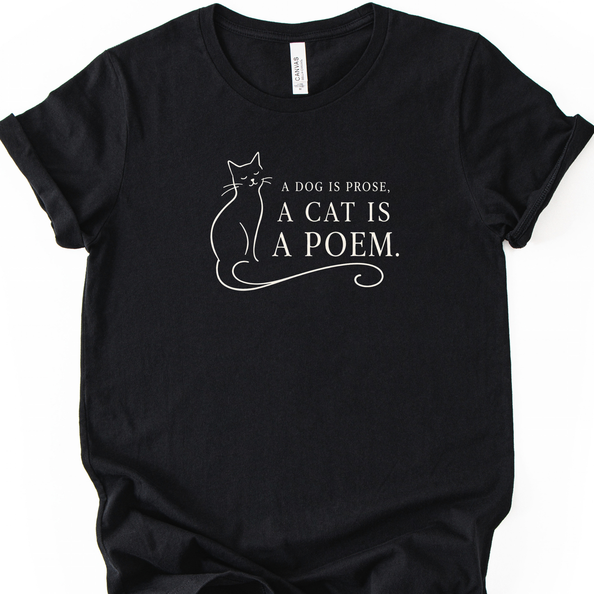 Cat Poem T-Shirt in Black with off-white cat outline and poetry quote.