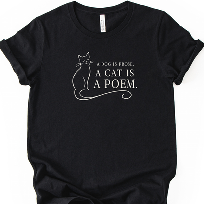 Cat Poem T-Shirt in Black with off-white cat outline and poetry quote.
