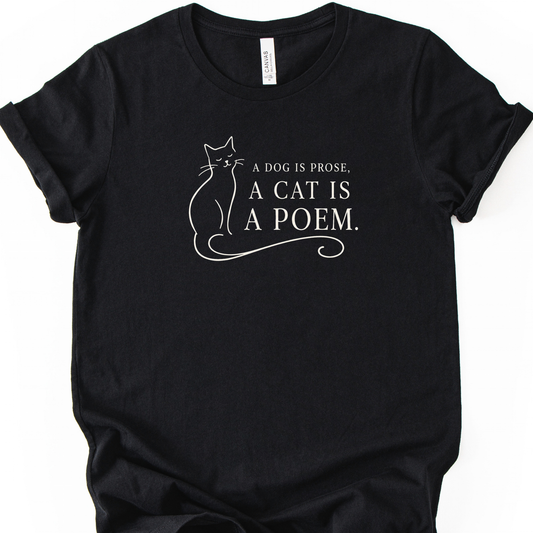 Cat Poem T-Shirt in Black with off-white cat outline and poetry quote.