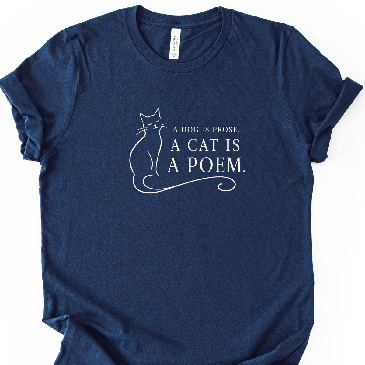 Cat Poem T-Shirt in Navy with off-white cat outline and poetry quote.