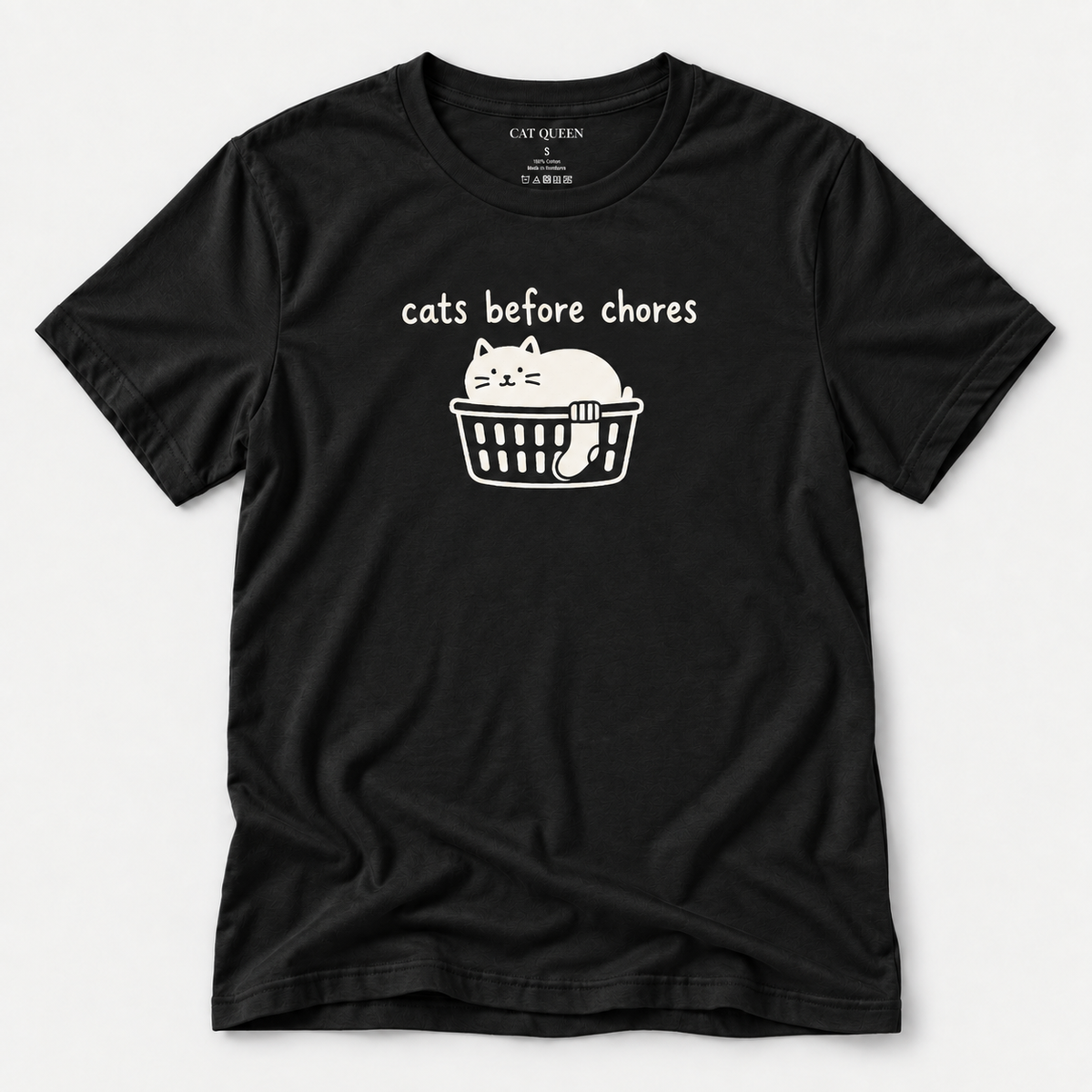 Cats Before Chores T-Shirt in Black with cat silhouette and Cats Before Chores text.