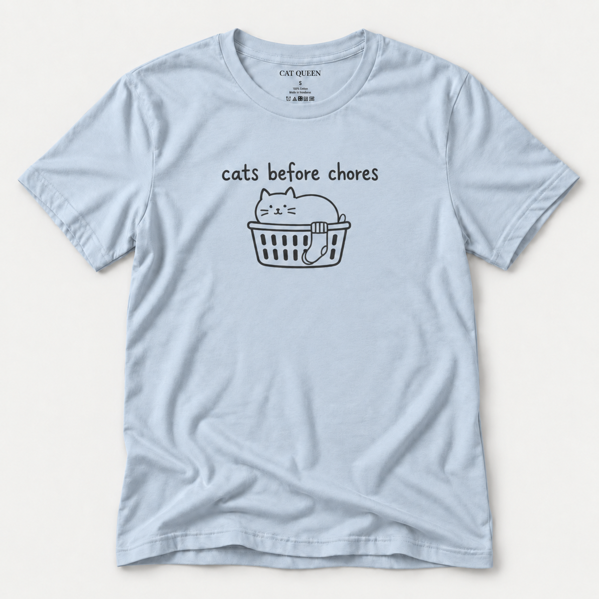 Cats Before Chores T-Shirt in Light Blue with cat silhouette and Cats Before Chores text.