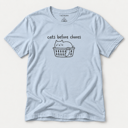 Cats Before Chores T-Shirt in Light Blue with cat silhouette and Cats Before Chores text.