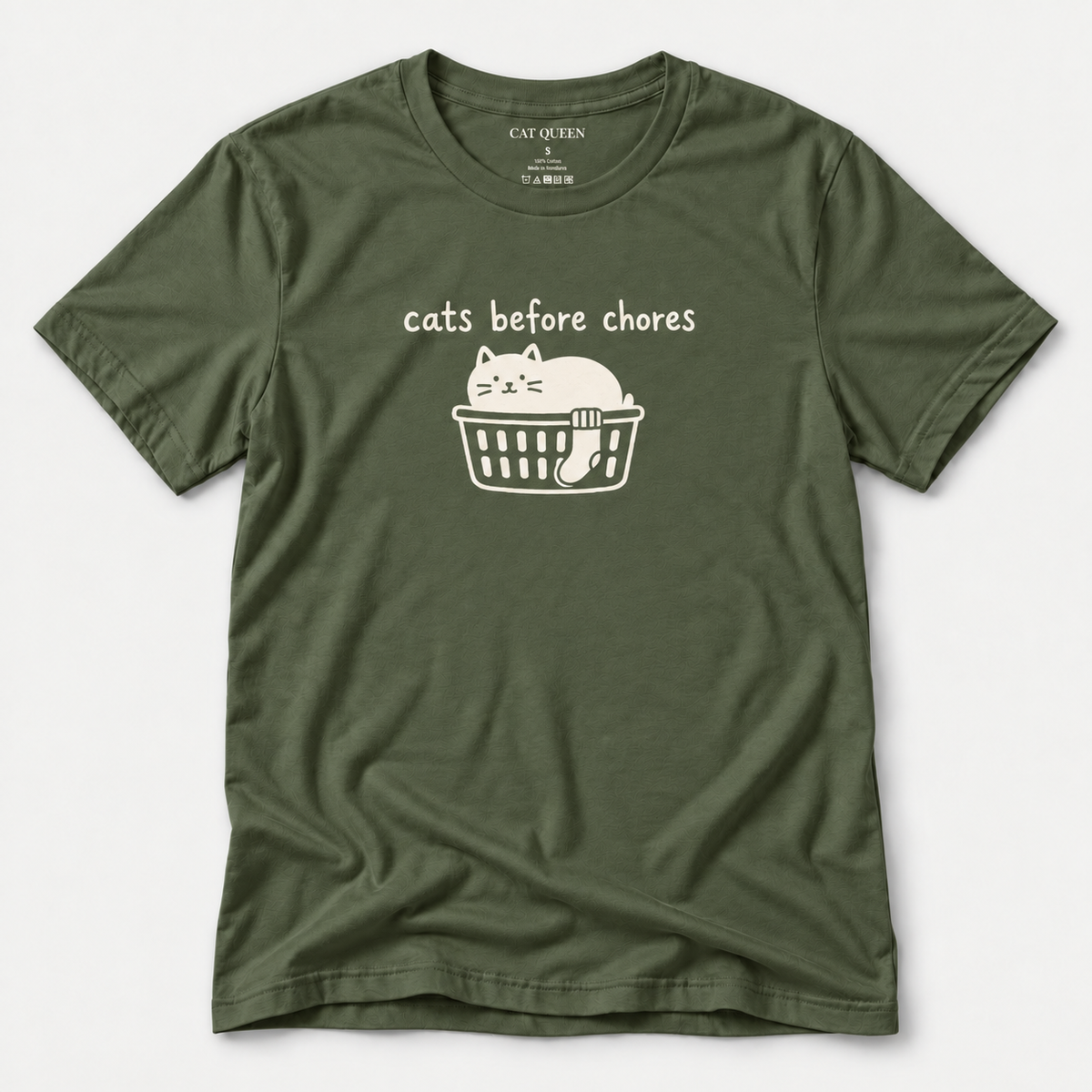 Cats Before Chores T-Shirt in Military Green with cat silhouette and Cats Before Chores text.