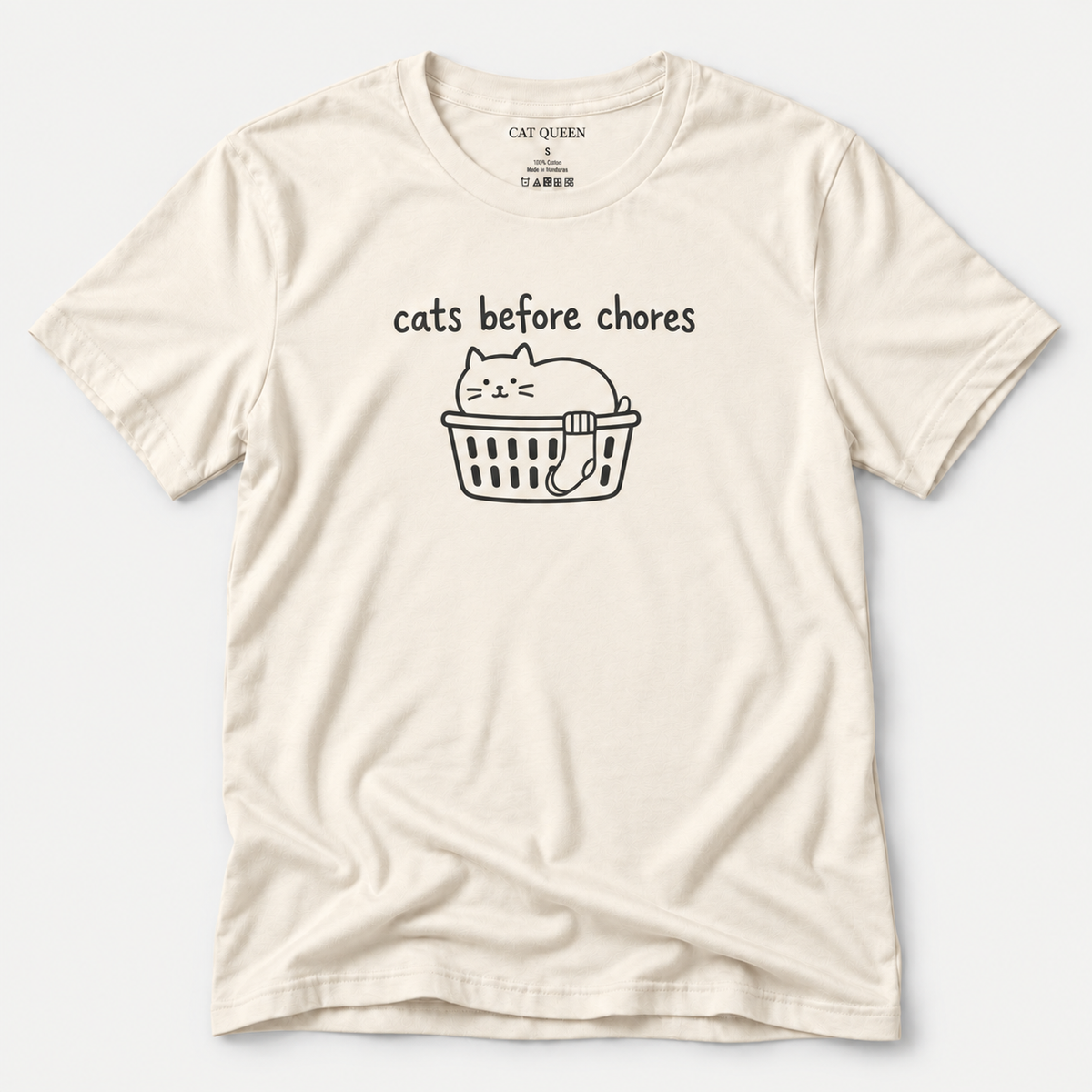 Cats Before Chores T-Shirt in Natural with cat silhouette and Cats Before Chores text.
