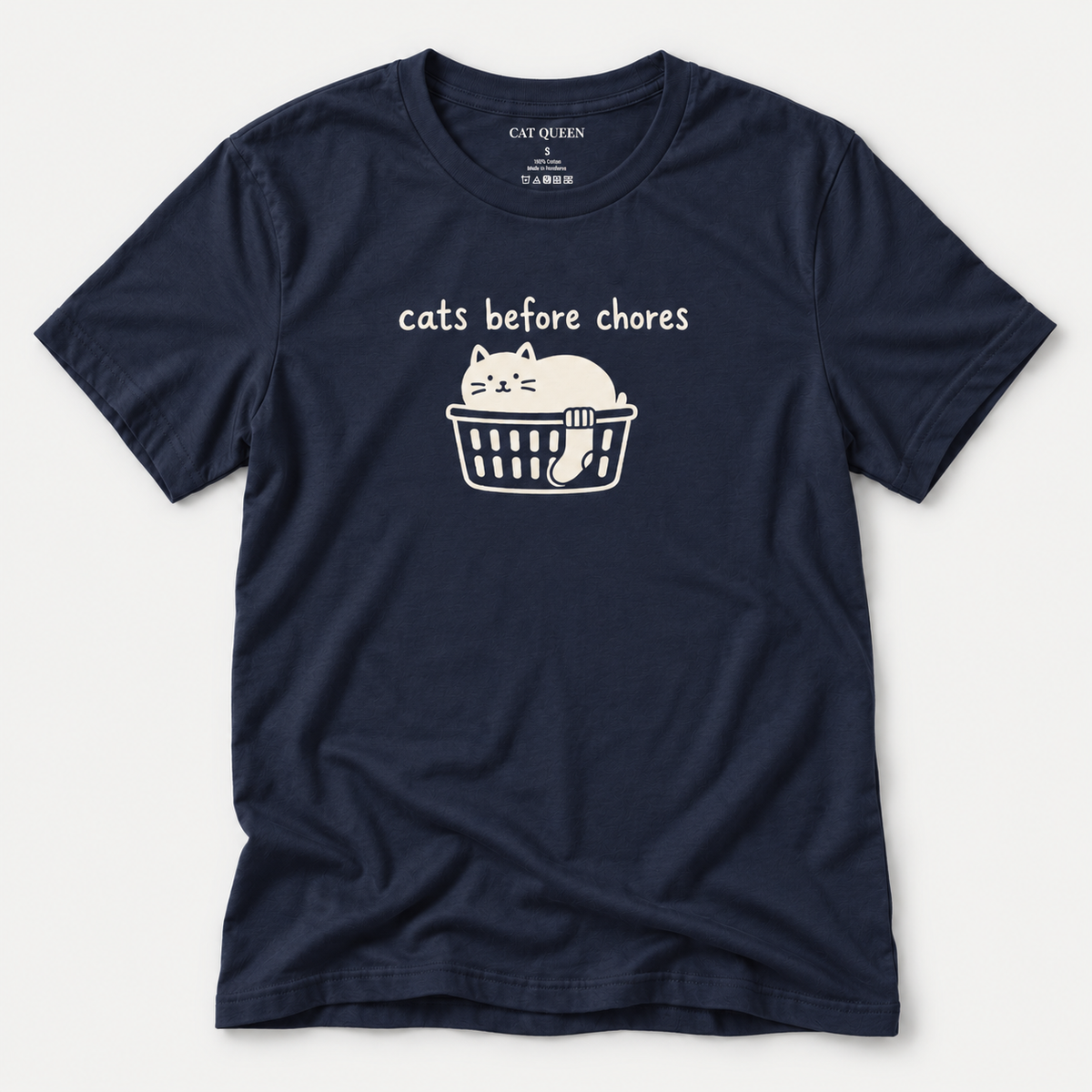 Cats Before Chores T-Shirt in Navy with cat silhouette and Cats Before Chores text.