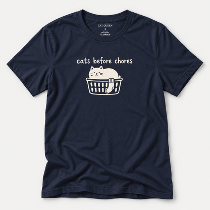 Cats Before Chores T-Shirt in Navy with cat silhouette and Cats Before Chores text.