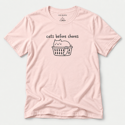 Cats Before Chores T-Shirt in Soft Pink with cat silhouette and Cats Before Chores text.