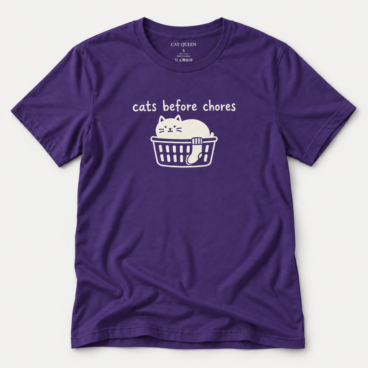 Cats Before Chores T-Shirt in Team Purple with cat silhouette and Cats Before Chores text.