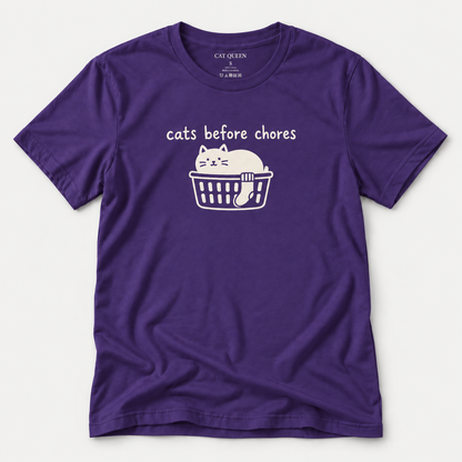 Cats Before Chores T-Shirt in Team Purple with cat silhouette and Cats Before Chores text.