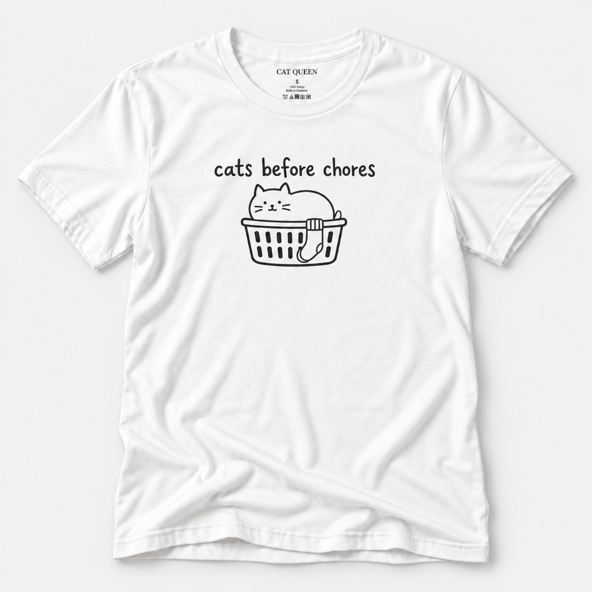 Cats Before Chores T-Shirt in White with cat silhouette and Cats Before Chores text.