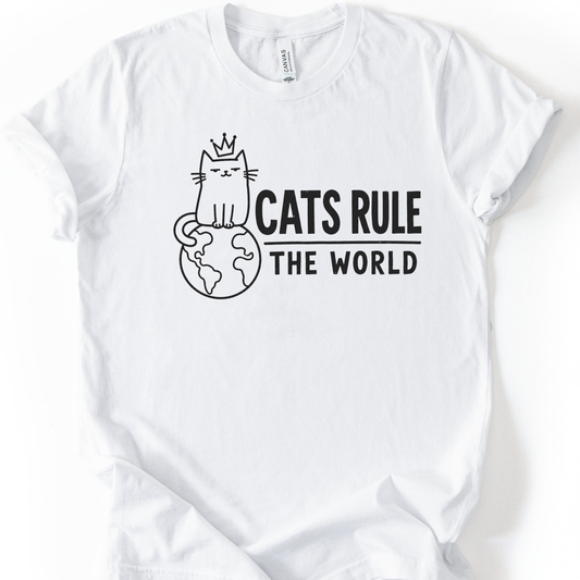 Cats Rule the World T-Shirt in White with black crowned cat sitting on a globe.