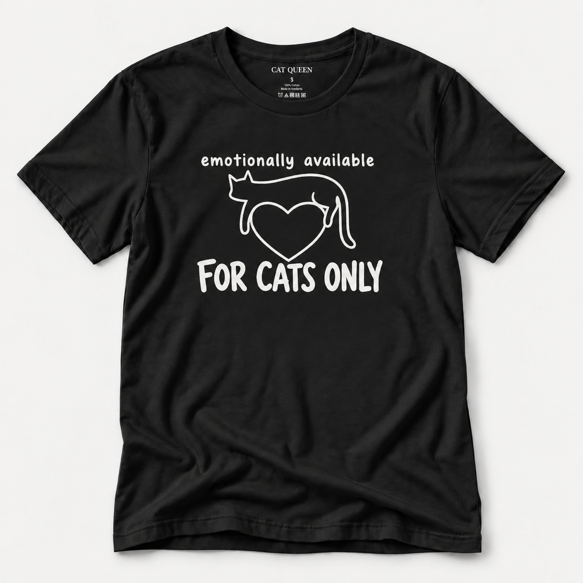 Emotionally Available for Cats Only T-Shirt in Black with cat-themed text design.