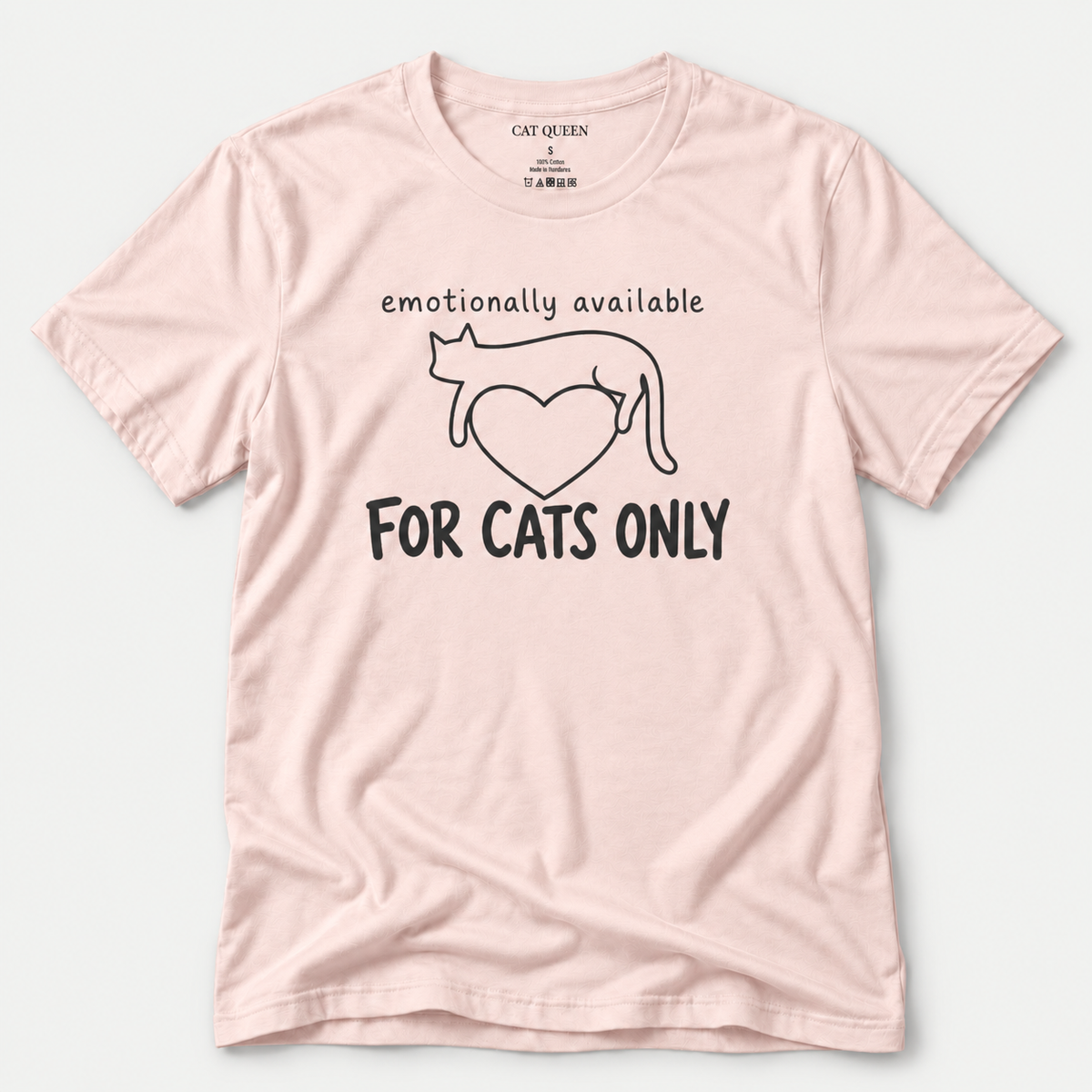 Emotionally Available for Cats Only T-Shirt in Soft Pink with cat-themed text design.