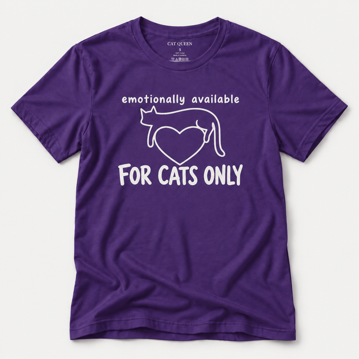 Emotionally Available for Cats Only T-Shirt in Team Purple with cat-themed text design.