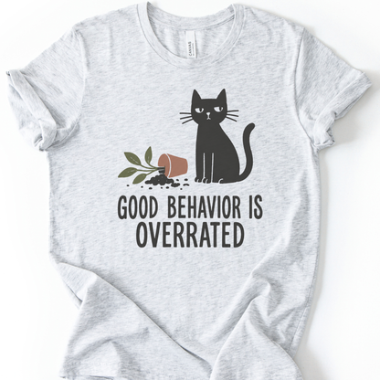 Good Behavior Cat T-Shirt in Ash with black cat and knocked-over plant graphic.