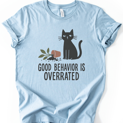 Good Behavior Cat T-Shirt in Light Blue with black cat and knocked-over plant graphic.