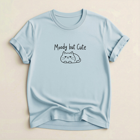 Moody but Cute Cat T-Shirt in Light Blue with black cat graphic.