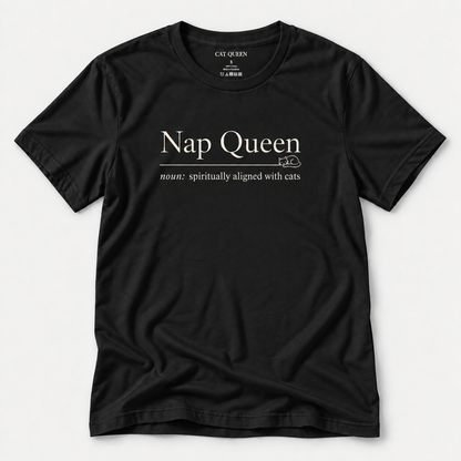 Nap Queen T-Shirt in Black with Nap Queen dictionary-style design.