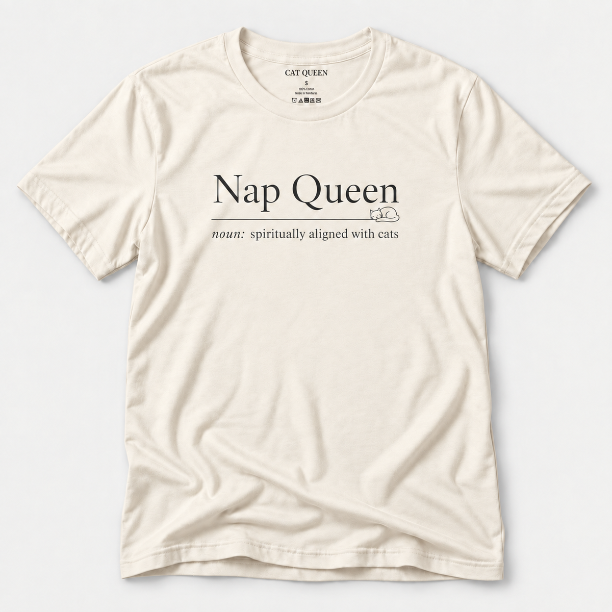 Nap Queen T-Shirt in Natural with Nap Queen dictionary-style design.