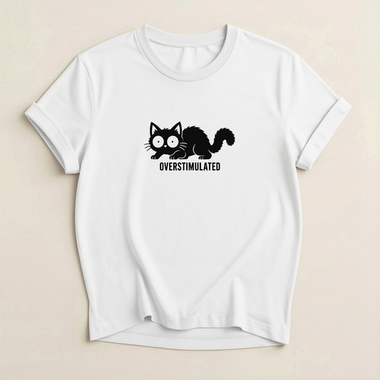 Overstimulated Cat T-Shirt in White with black wide-eyed cat graphic and OVERSTIMULATED text.