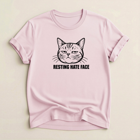 Resting Hate Face Cat T-Shirt in Soft Pink with black grumpy cat face graphic.