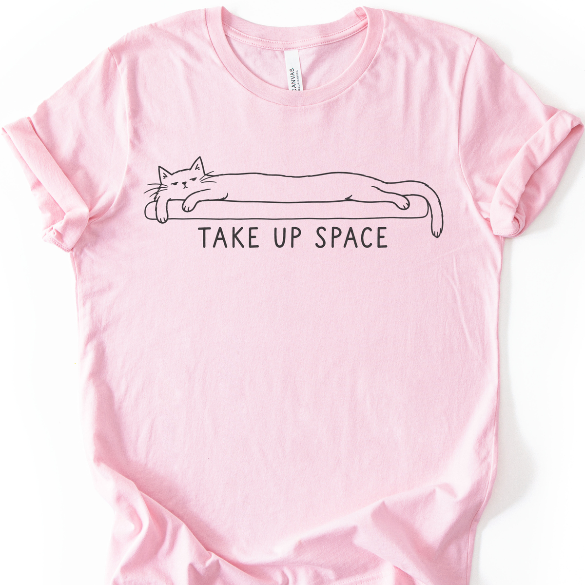 Take Up Space Cat T-Shirt in Soft Pink with long lounging cat graphic.