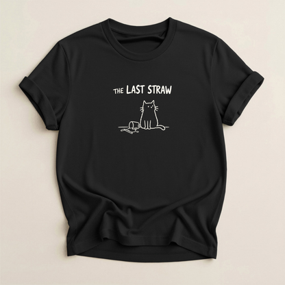 The Last Straw Cat T-Shirt in Black with off-white cat and knocked-over glass graphic.