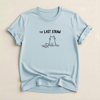 The Last Straw Cat T-Shirt in Light Blue with black cat and knocked-over glass graphic.