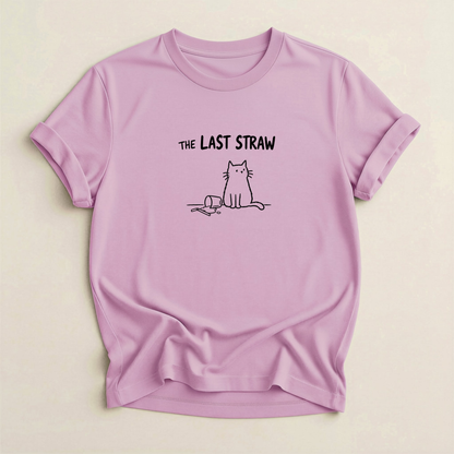 The Last Straw Cat T-Shirt in Lilac with black cat and knocked-over glass graphic.