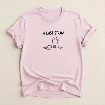 The Last Straw Cat T-Shirt in Soft Pink with black cat and knocked-over glass graphic.