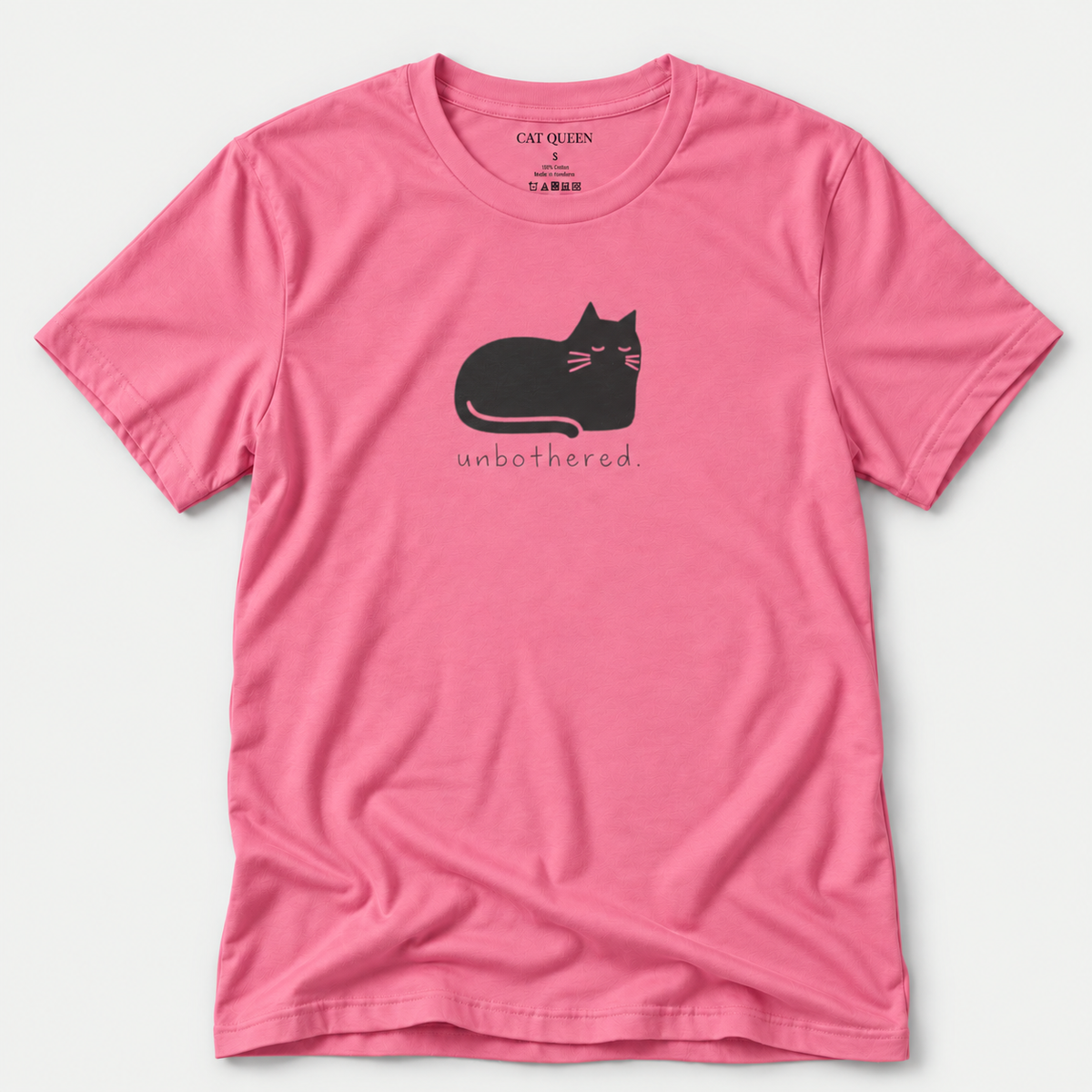 Unbothered T-Shirt in Charity Pink with cat silhouette with whiskers.
