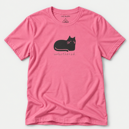 Unbothered T-Shirt in Charity Pink with cat silhouette with whiskers.
