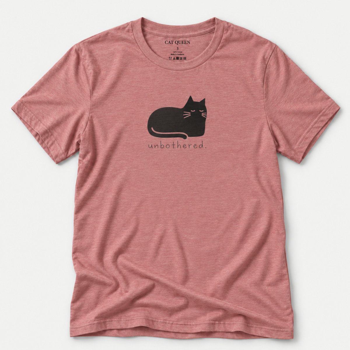 Unbothered T-Shirt in Heather Mauve with cat silhouette with whiskers.