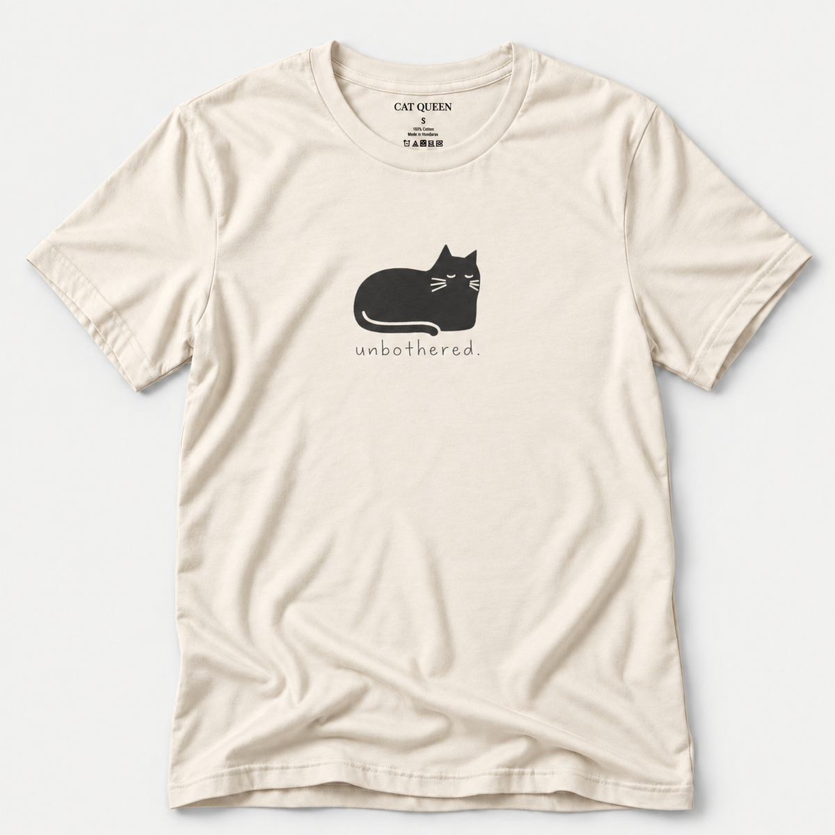 Unbothered T-Shirt in Natural with cat silhouette with whiskers.