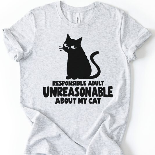 Unreasonable Cat T-Shirt in Ash with black cat and Responsible Adult Unreasonable About My Cat design